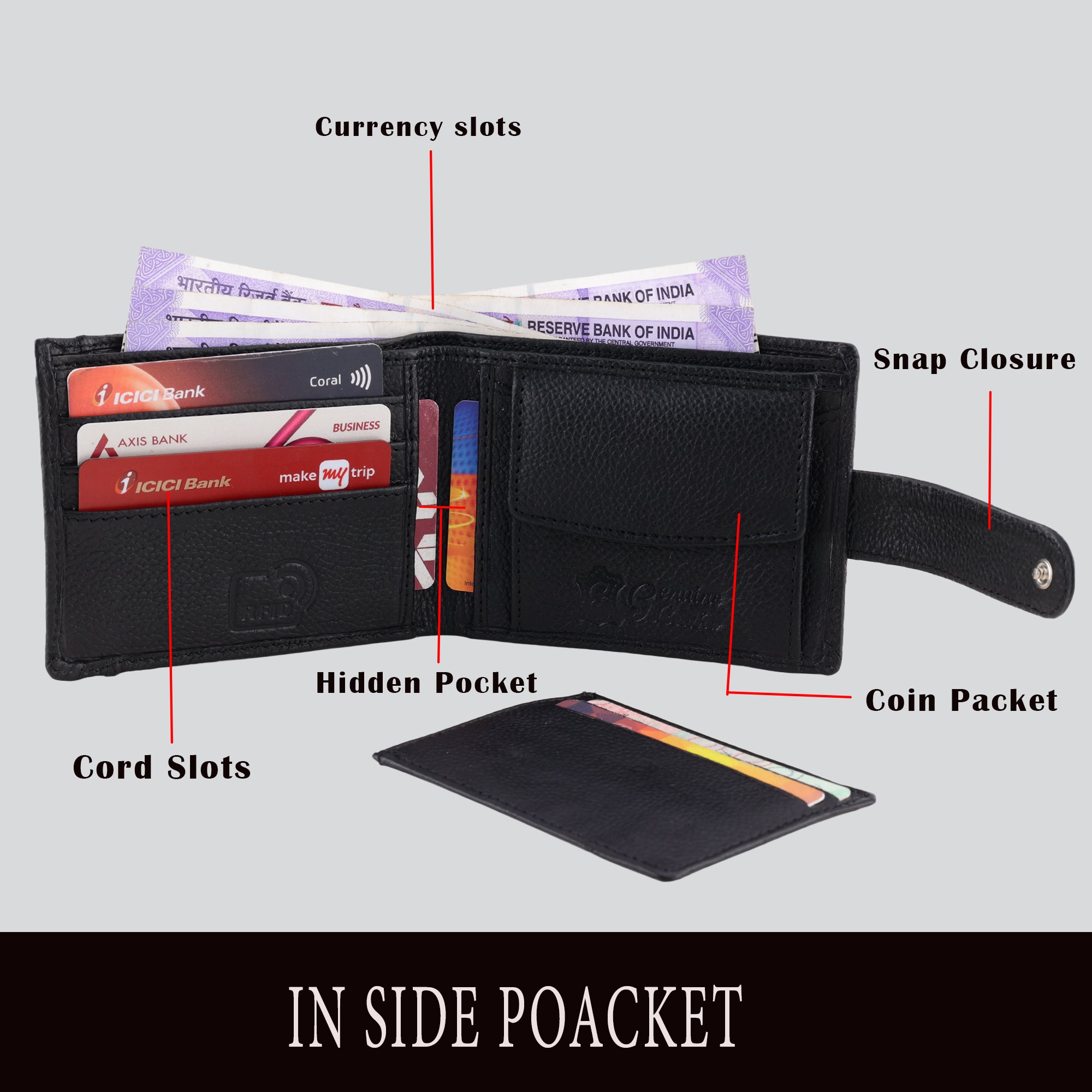 ( Card & Coin Slot ) RFID Blocking Leather Bifold Wallet, Genuine Leather, Embossed Design, Card Slots