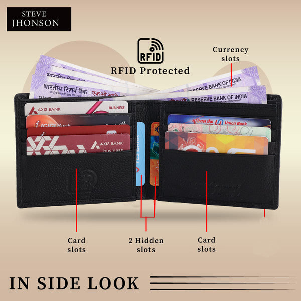 ( Card Slots Only )RFID Blocking Leather Bifold Wallet, Genuine Leather, Embossed Design, Card Slots