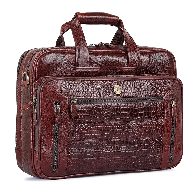 Pure Leather Office Bag for Men - 15.6 Inch Laptop Bag with Shoulder Strap - Business Handbag with Trolley Strap - Messenger Bag for Executives