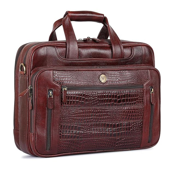 Pure Leather Office Bag for Men - 15.6 Inch Laptop Bag with Shoulder Strap - Business Handbag with Trolley Strap - Messenger Bag for Executives